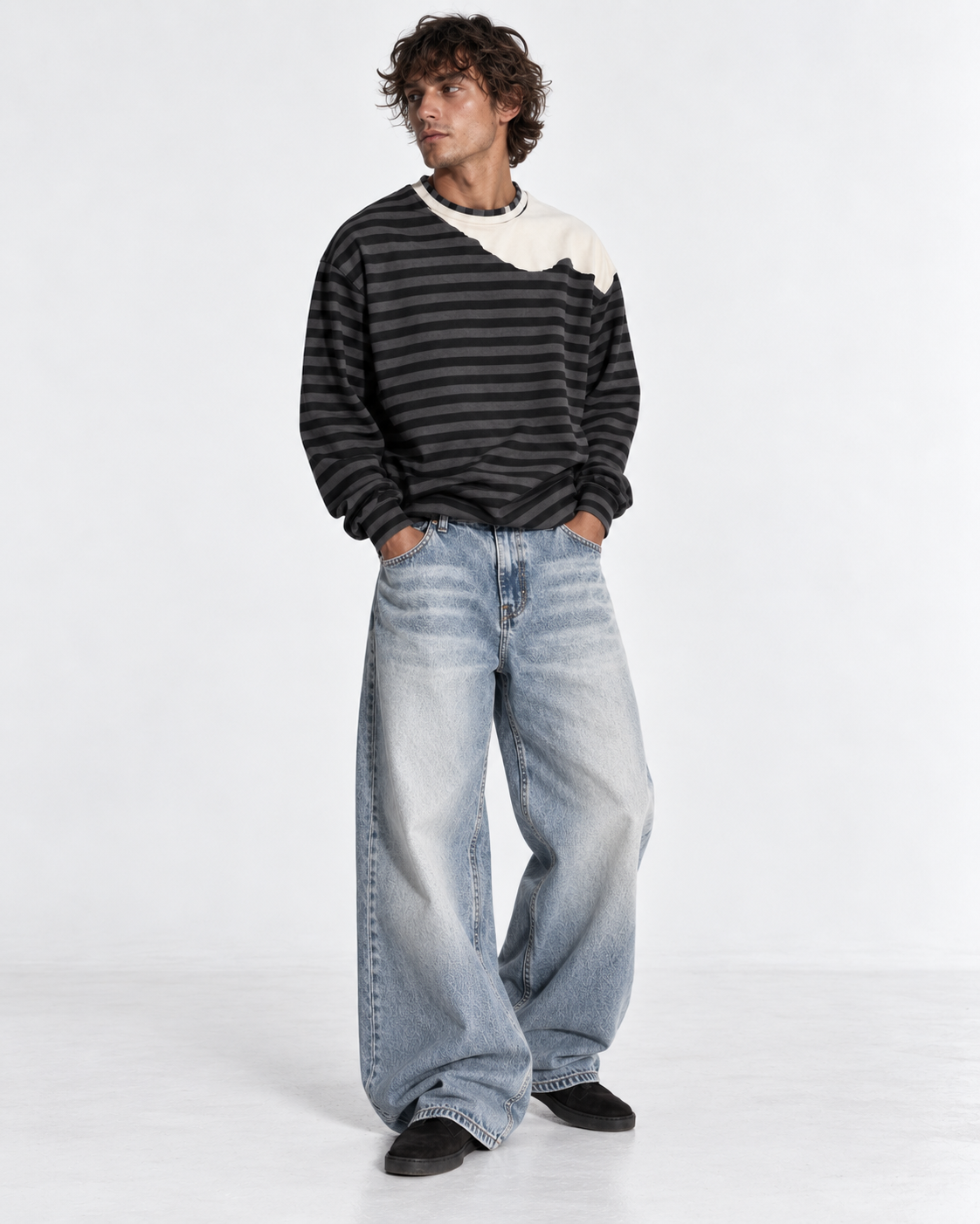 Late Fall opening frame — striped long-sleeve with cream shoulder panel and wide light-wash denim