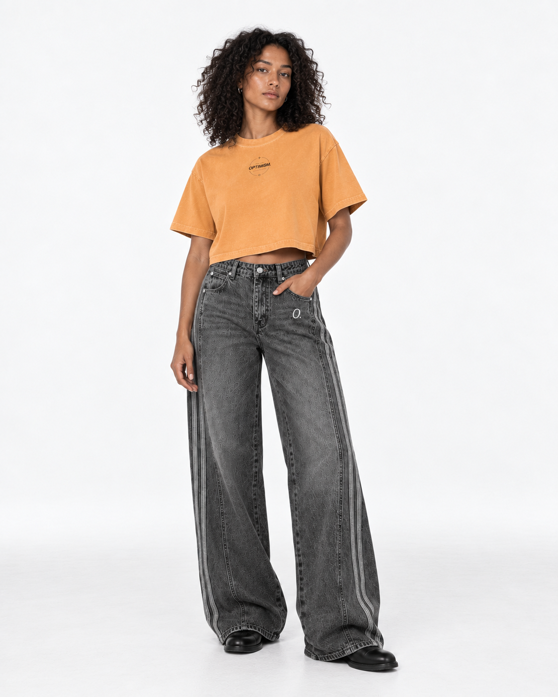 Washed Crop Tee — Sunfade Orange worn — OPTIMISM. LATE FALL campaign