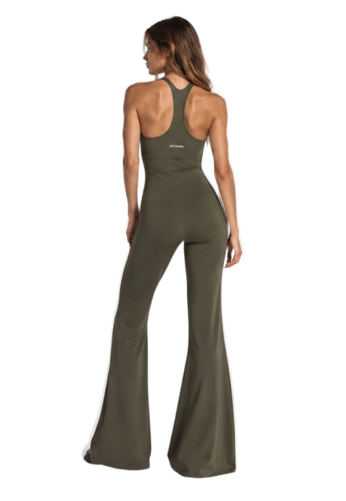 Halter Flare Jumpsuit — Olive in Olive — view 3 of 5