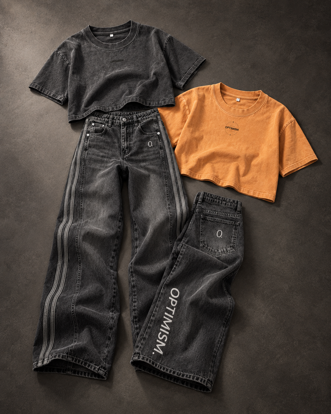 OPTIMISM. charcoal and orange cropped tees with washed-black wide-leg denim.