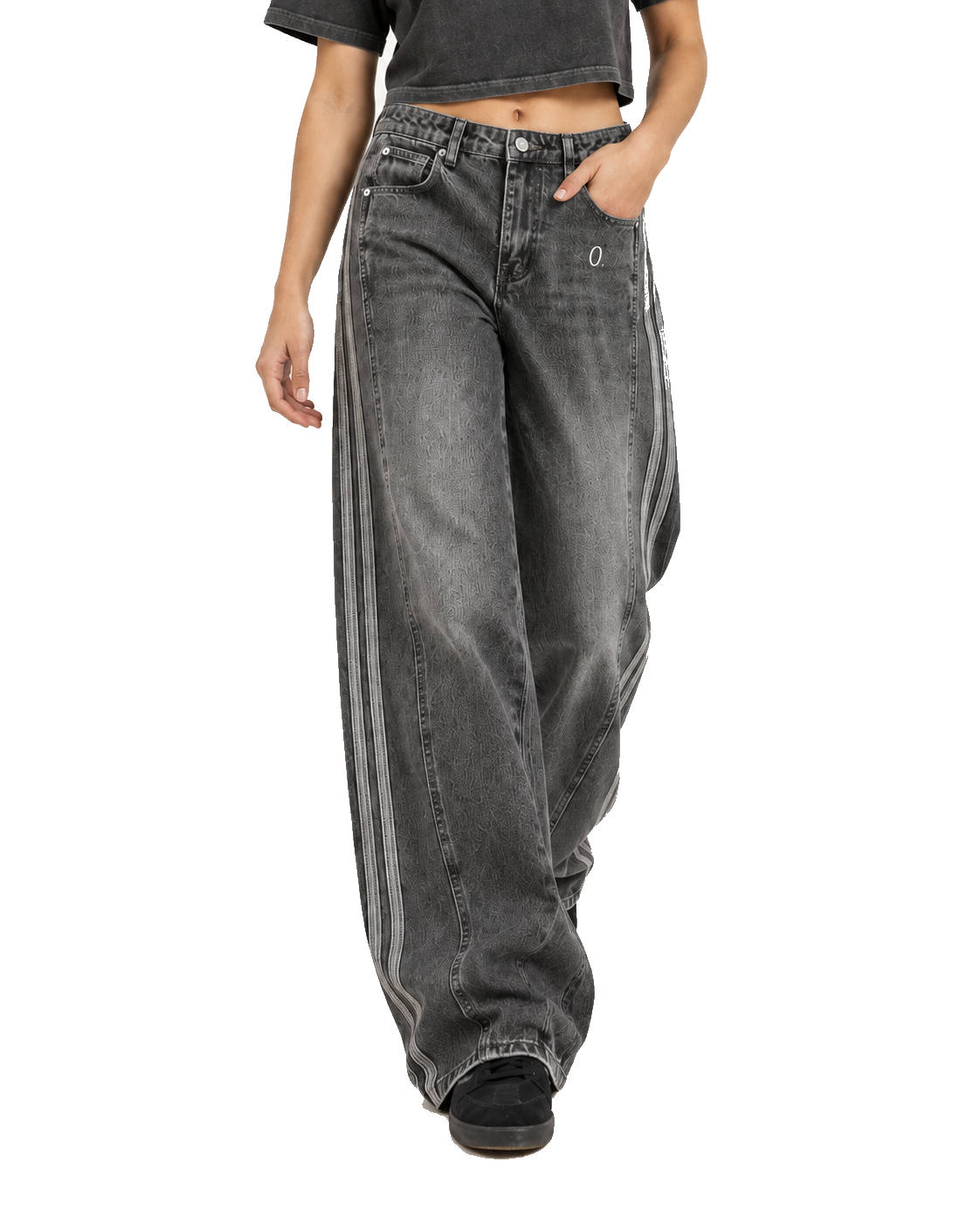 Side-Stripe Wide Denim — Washed Black