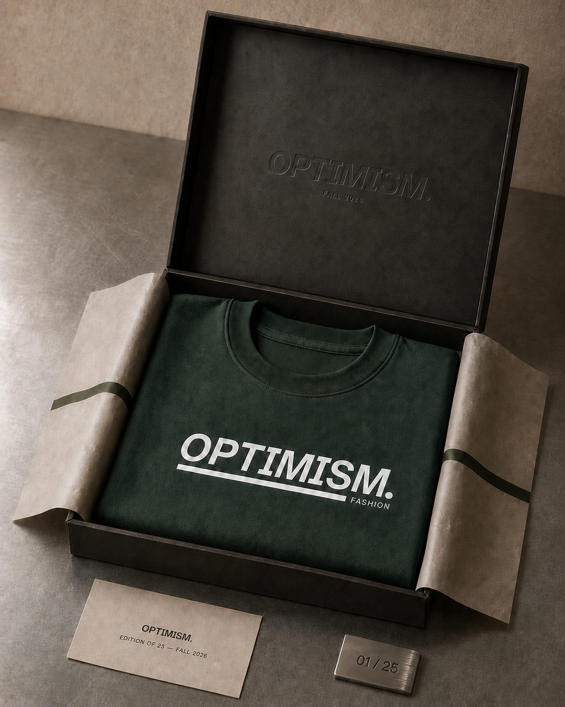 The Private Green OPTIMISM. T-shirt folded inside its black OPTIMISM. Fall 2026 box with the edition card.