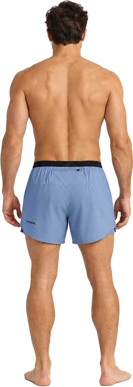 Lined Run Short — Blue worn — OPTIMISM. LATE FALL campaign