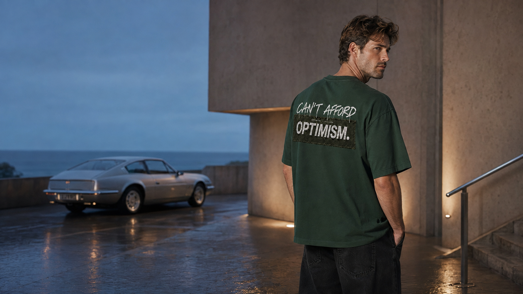 Adult male model wearing the oversized Private Green OPTIMISM. Can't Afford T-shirt from the back.
