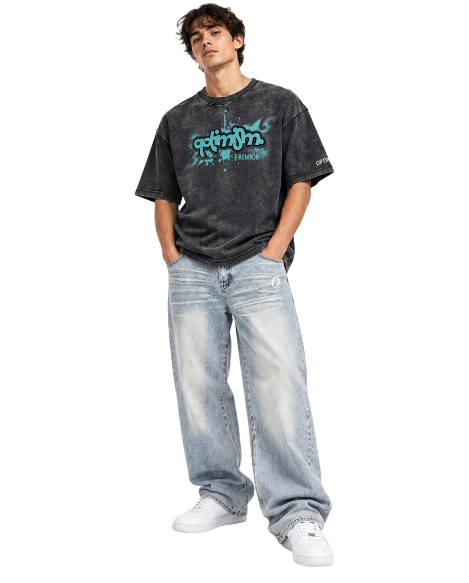Duval Fit — Tee & Pants in Washed Black / Teal / Light Wash — front view, OPTIMISM. LATE FALL