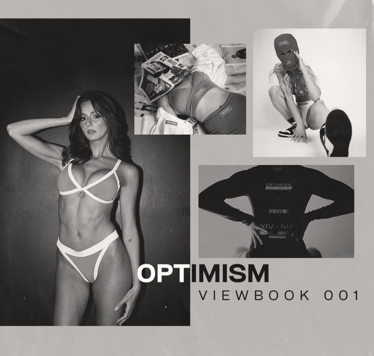 OPTIMISM. archive — Viewbook 001. Four fragments held as one opening statement.