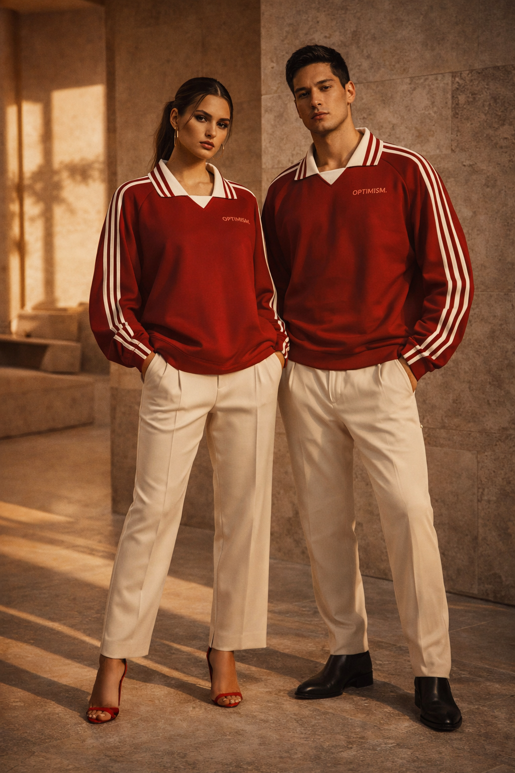 OPTIMISM. Stripe Lapel Pullover Red